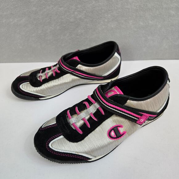 Women's Champion Black/Pink/Silver Sneakers with Adjustable Strap Size 4.5 - Picture 2 of 10